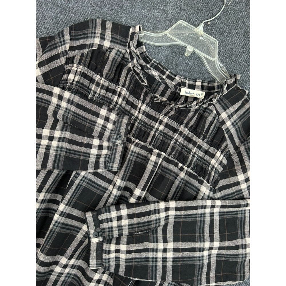 INDIGO‎ SOUL Womens Top Blouse Black Long Sleeve Plaid Babydoll Sz XL